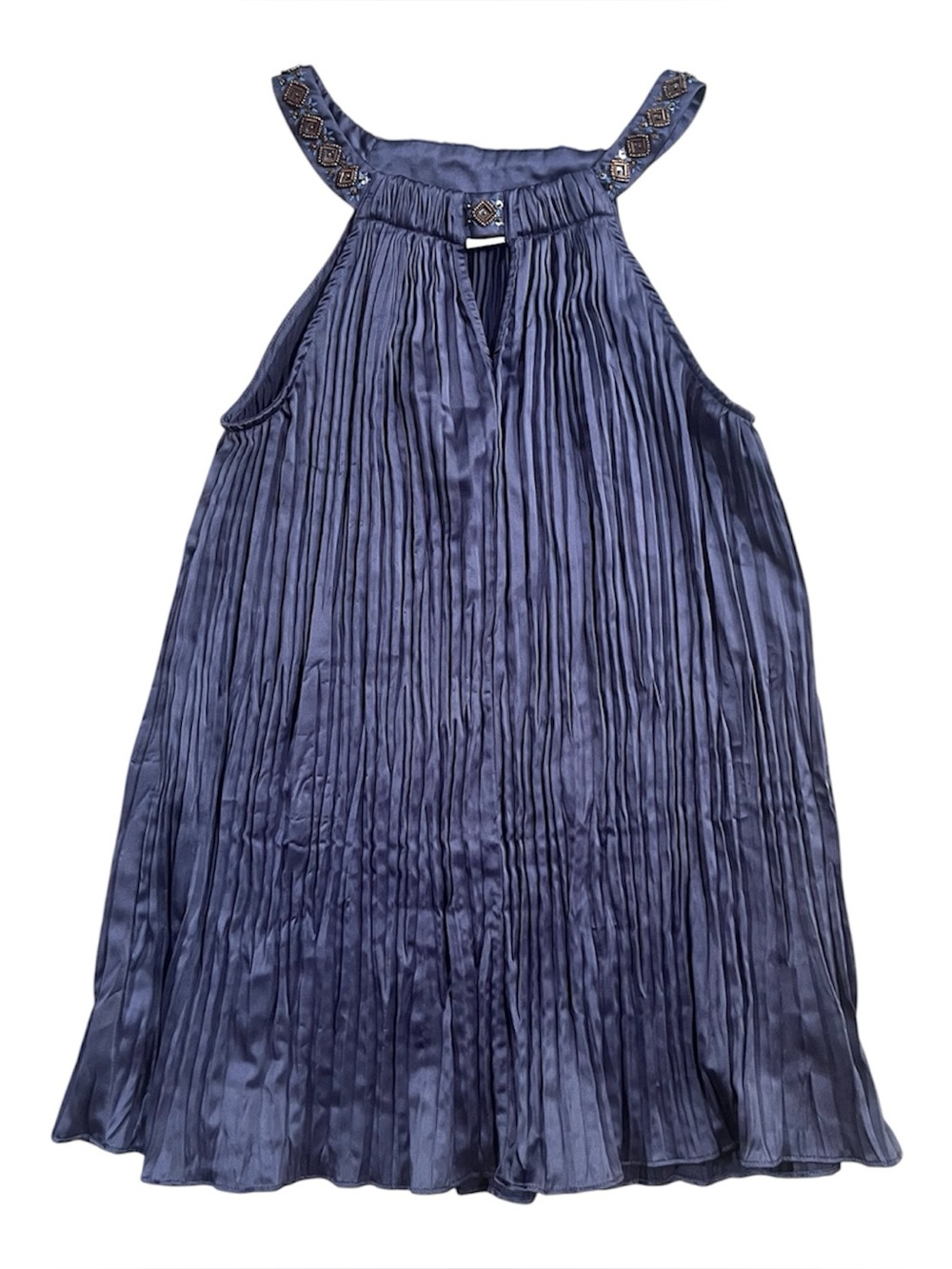sundance small women top nightfall blue metalic  beaded neckline pleated Y2K